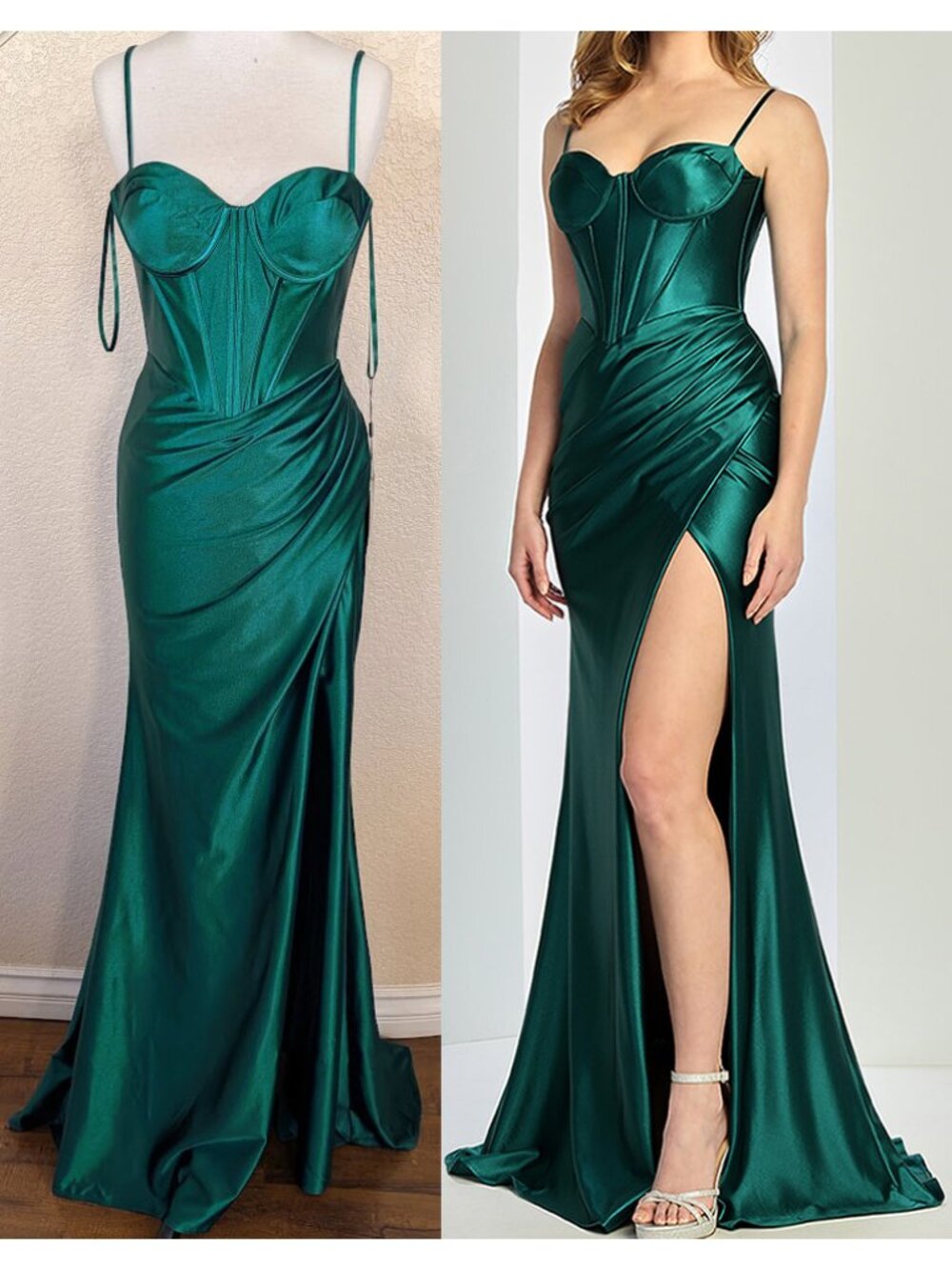 Formal Emerald Green Sweetheart Corset Satin Dress 6